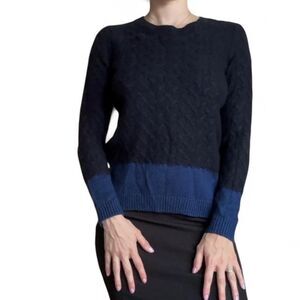 Vince Women's Cableknit Sweater Blue and Navy Colorblock Yak and Wool Blend XS